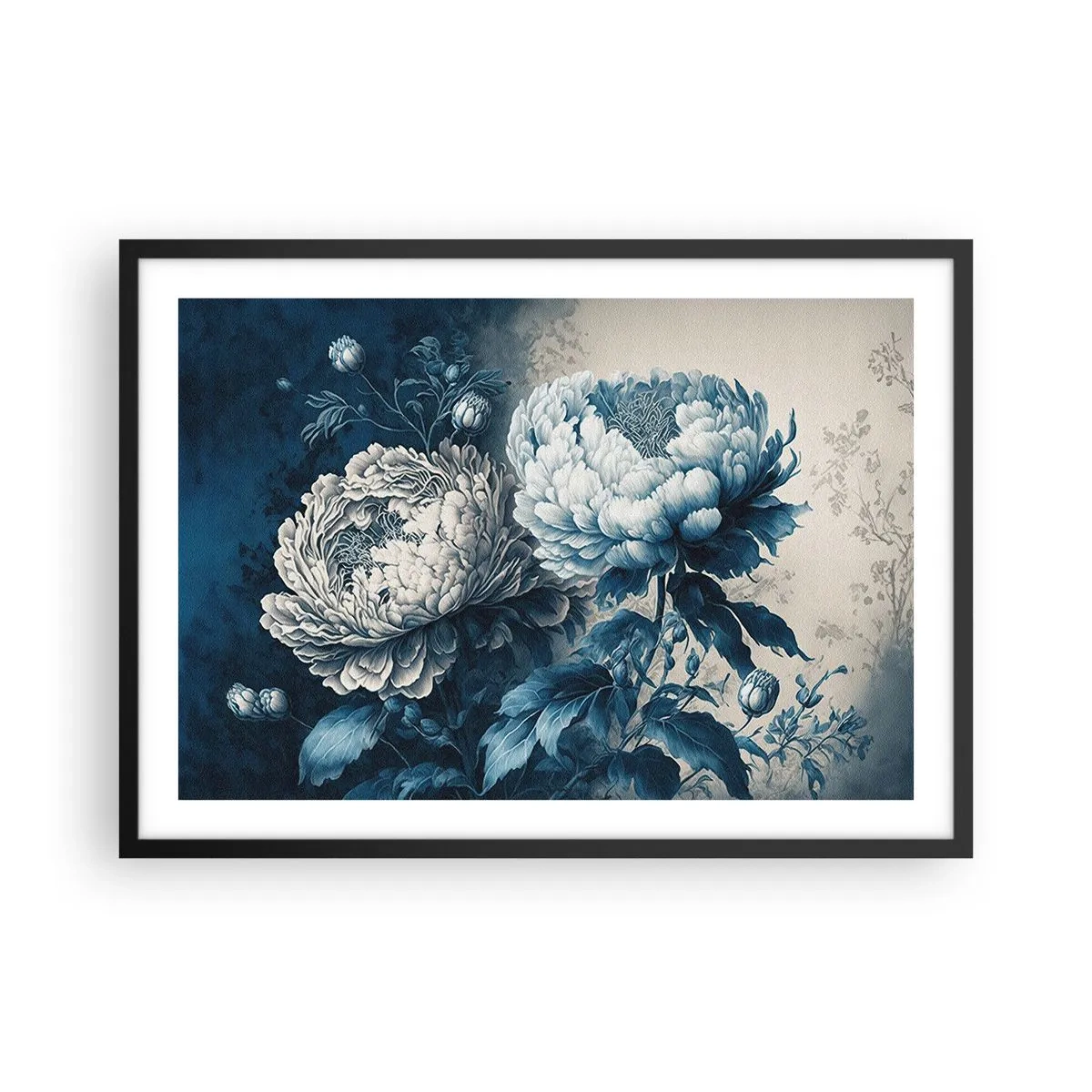 Plakat w czarnej ramie - Niebieskie piwonie na subtelnym tle z delikatnym wzorem - 70x50cm - Dobrana para - Nowoczesna dekoracja ścienna do salonu i sypialni ARTTOR