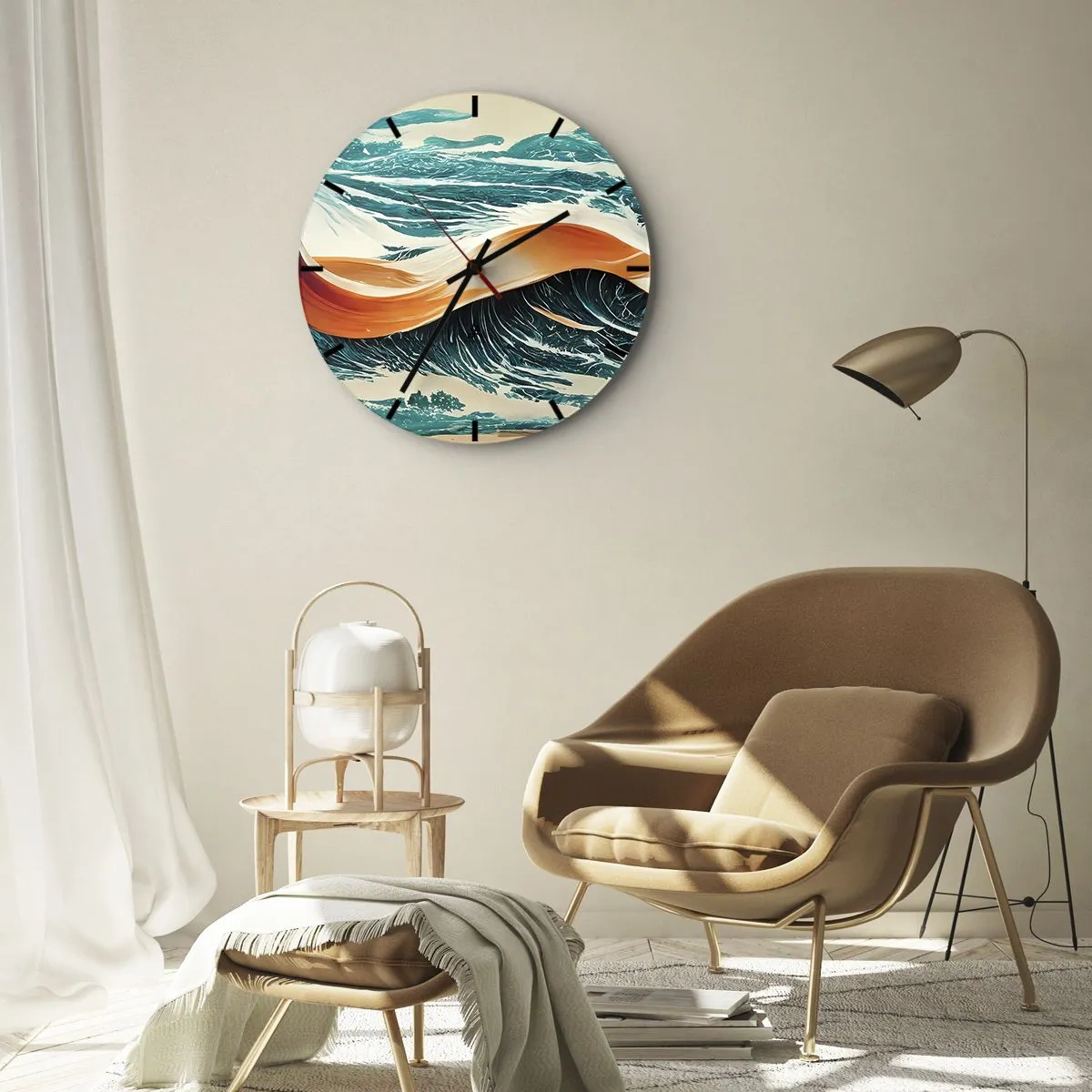 Zegar ścienny - Fale morskie z pomarańczową wstęgą w dynamicznej kompozycji - 30x30cm - Sen surfera - Nowoczesna dekoracja ścienna do salonu, kuchni i sypialni ARTTOR