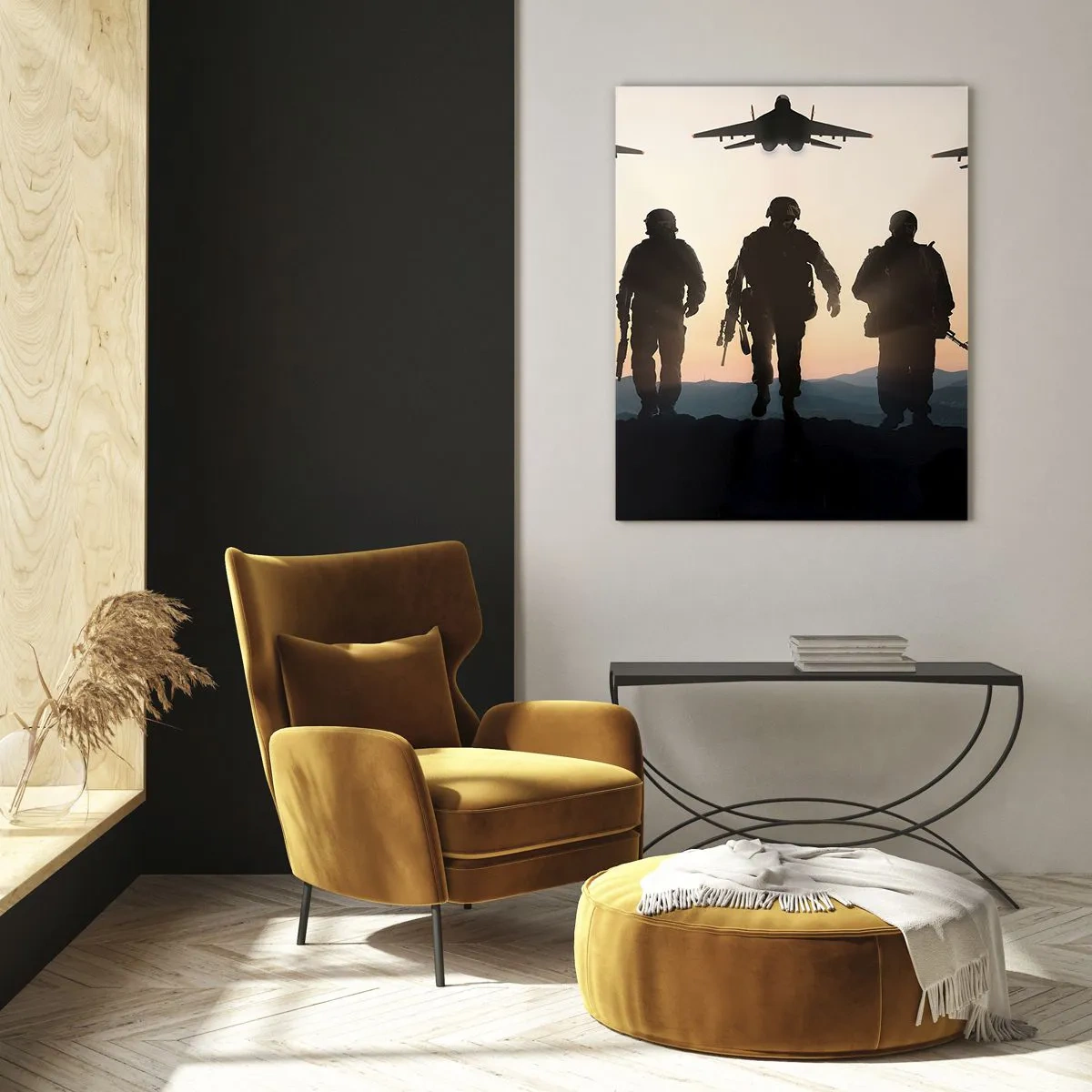 Obraz na szkle - Żołnierze na tle zachodzącego słońca i odrzutowce - 50x70cm - Witaj w naszym świecie - Nowoczesna dekoracja ścienna do salonu, kuchni i sypialni ARTTOR