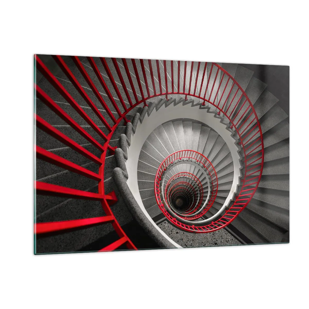 Obraz na szkle - Spiralne schody z czerwonymi poręczami w perspektywie - 120x80cm - Zabawy architektury - Nowoczesna dekoracja ścienna do salonu, kuchni i sypialni ARTTOR