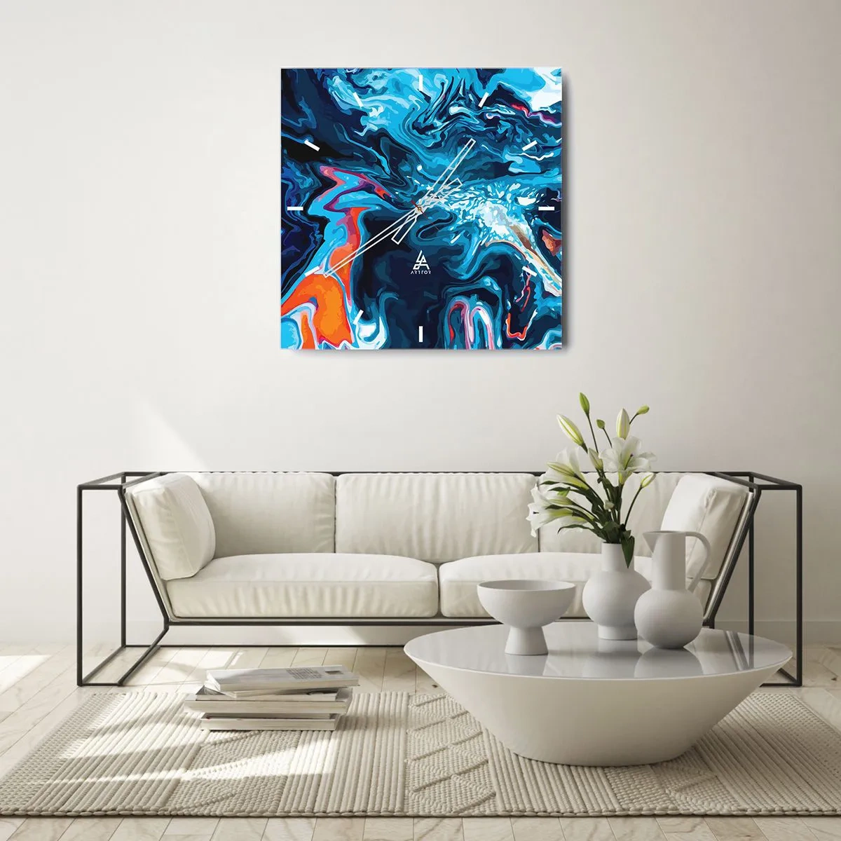 Zegar ścienny - Abstrakcyjny wzór w odcieniach niebieskiego z akcentami pomarańczu - 30x30cm - Podróż do wnętrza nieba - Nowoczesna dekoracja ścienna do salonu i sypialni ARTTOR