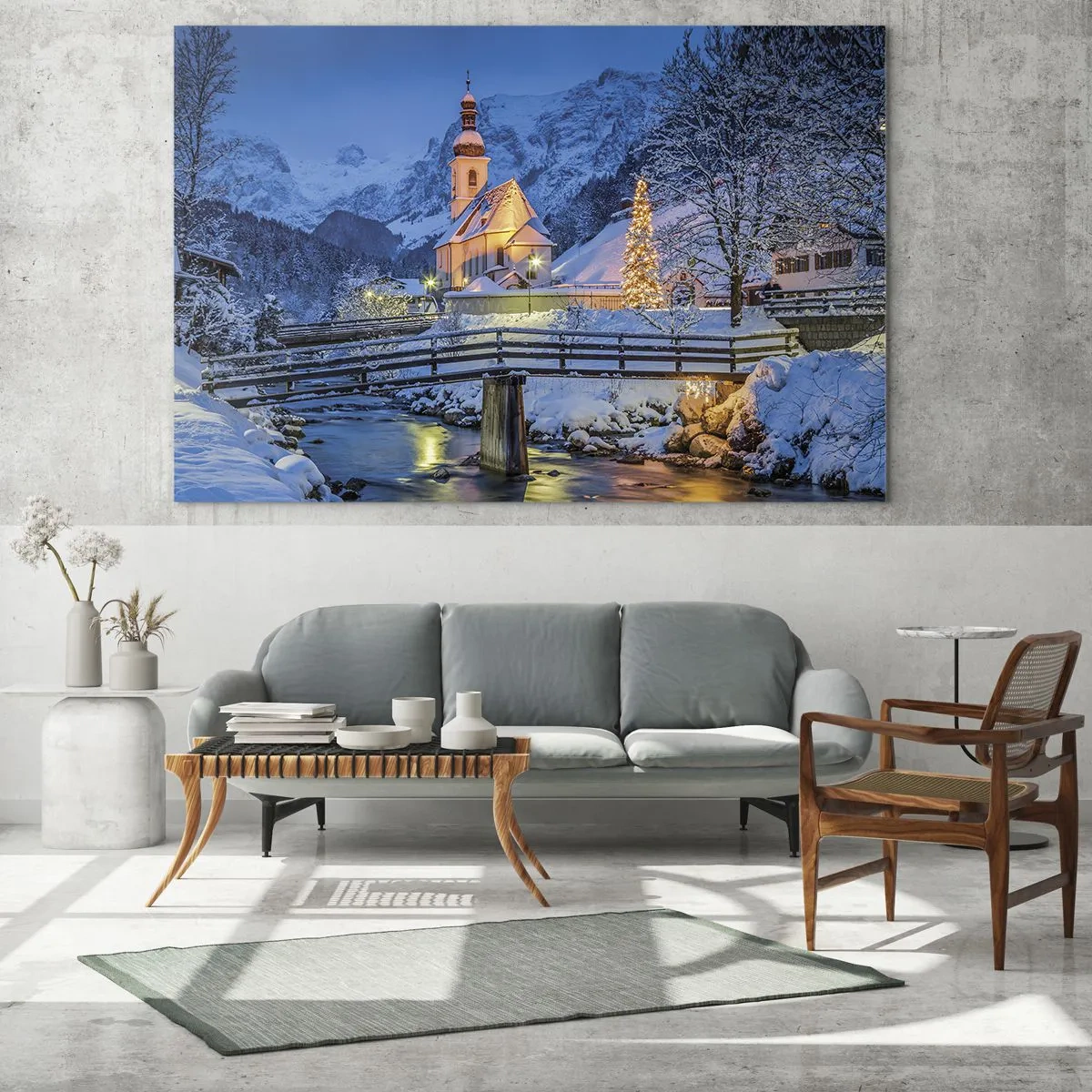 Obraz na szkle - Świąteczny krajobraz w zimowej scenerii - 70x50cm - Duch Świąt - Nowoczesna dekoracja ścienna do salonu i sypialni ARTTOR