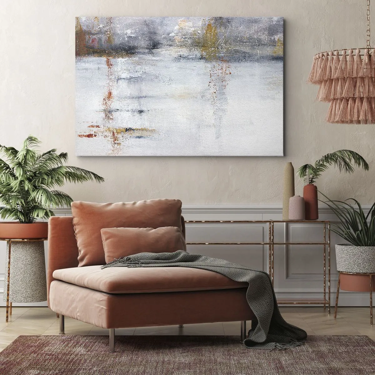 Obraz na płótnie - Abstrakcyjny pejzaż z rozmytymi akcentami szarości i złota - 70x50cm - Za powietrza zasłoną - Nowoczesna dekoracja ścienna do salonu i sypialni ARTTOR