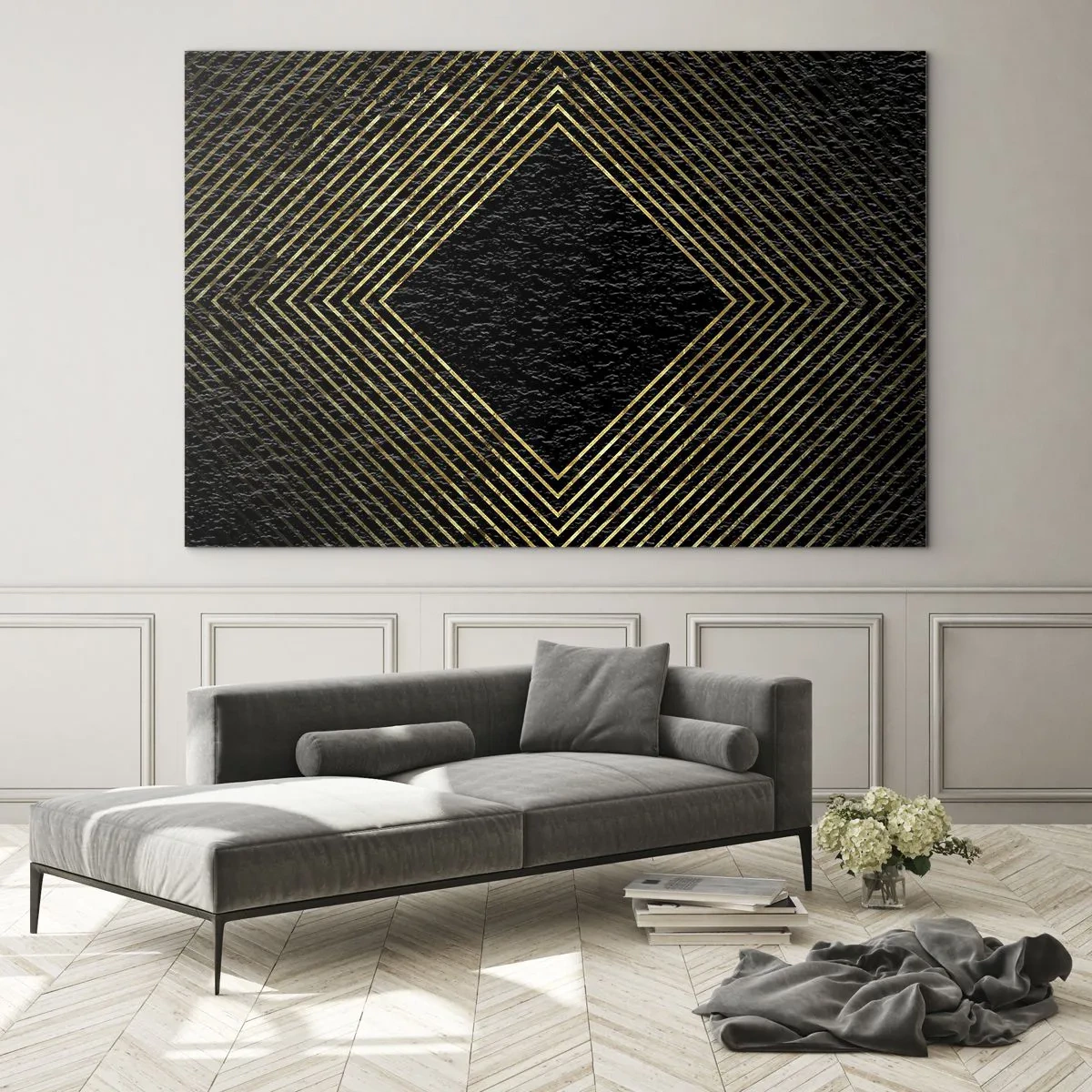 Obraz na szkle - Złoty diament z geometrycznymi liniami na czarnym tle - 120x80cm - Geometria w stylu glamour - Nowoczesna dekoracja ścienna do salonu, kuchni i sypialni ARTTOR