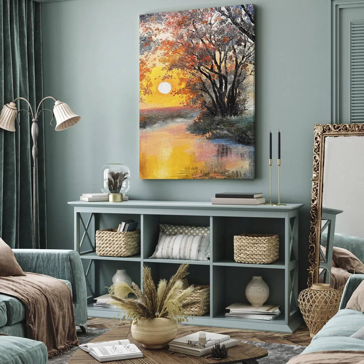 Obraz na płótnie - Zachód słońca nad rzeką w jesiennym krajobrazie - 80x120cm - Jesienne klimaty - Nowoczesna dekoracja ścienna do salonu i sypialni ARTTOR