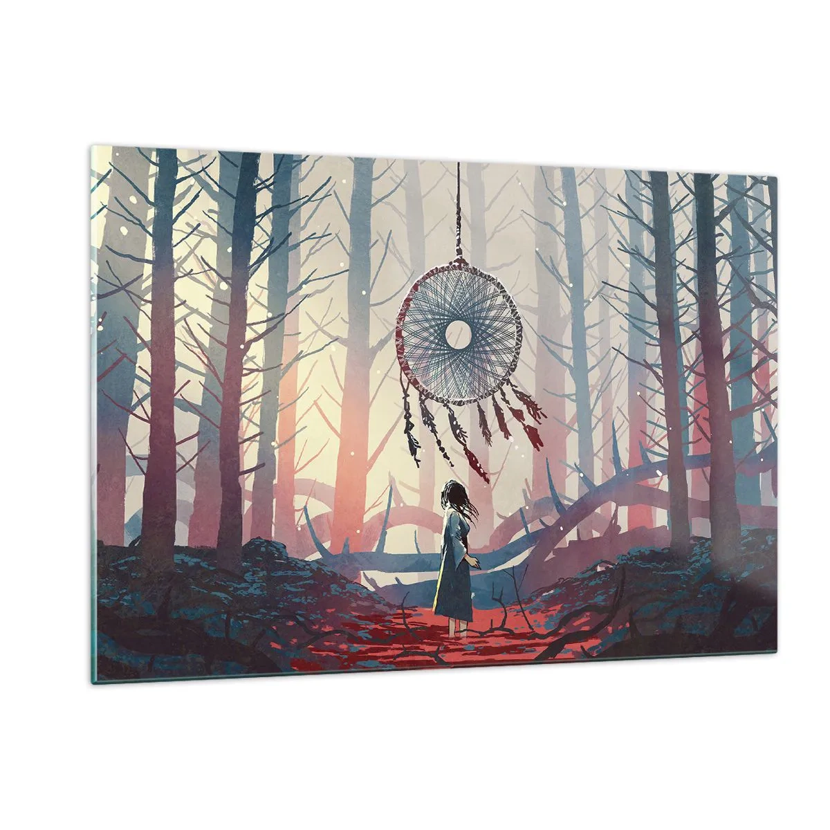 Obraz na szkle - Postać w lesie patrząca na wielki łapacz snów unoszący się w powietrzu - 120x80cm - Tajemny rytuał szczęścia - Nowoczesna dekoracja ścienna do salonu, kuchni i sypialni ARTTOR