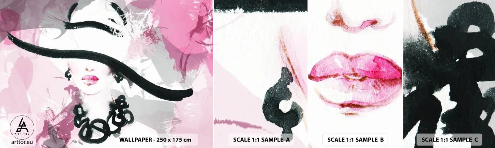 Fototapeta Próbka Samoprzylepna Deluxe Sticker - Portret damy w czerni i różu - Kobieta, Twarz Kobiety, Abstrakcja - 100x30 cm