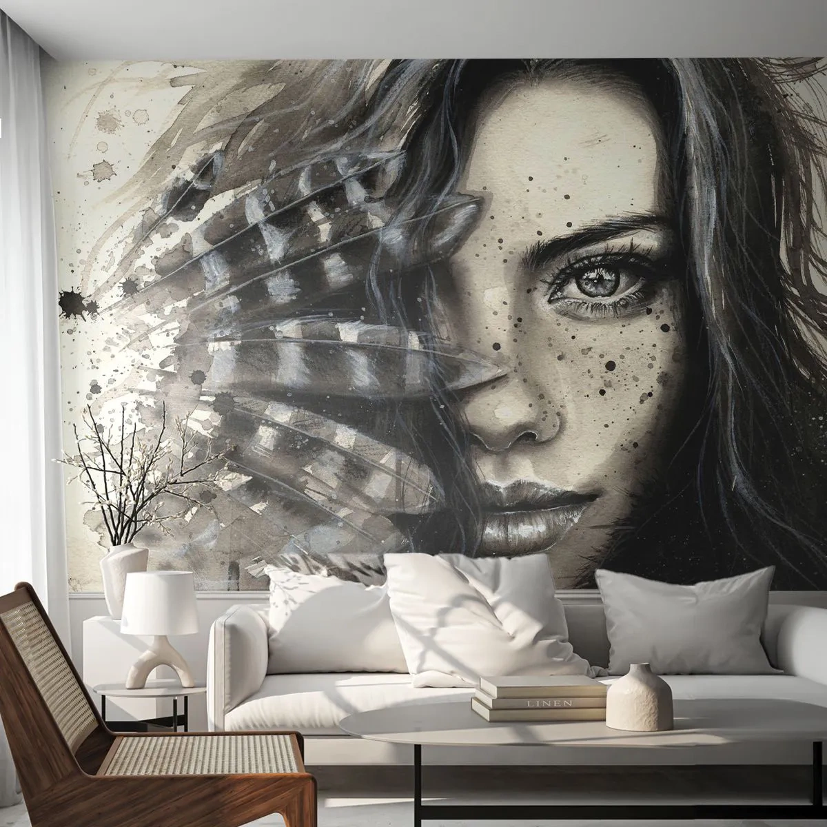 Fototapeta Premium Sand - Dzika piękność - Kobieta, Ptasie Pióra, Grafika - 150x105 cm