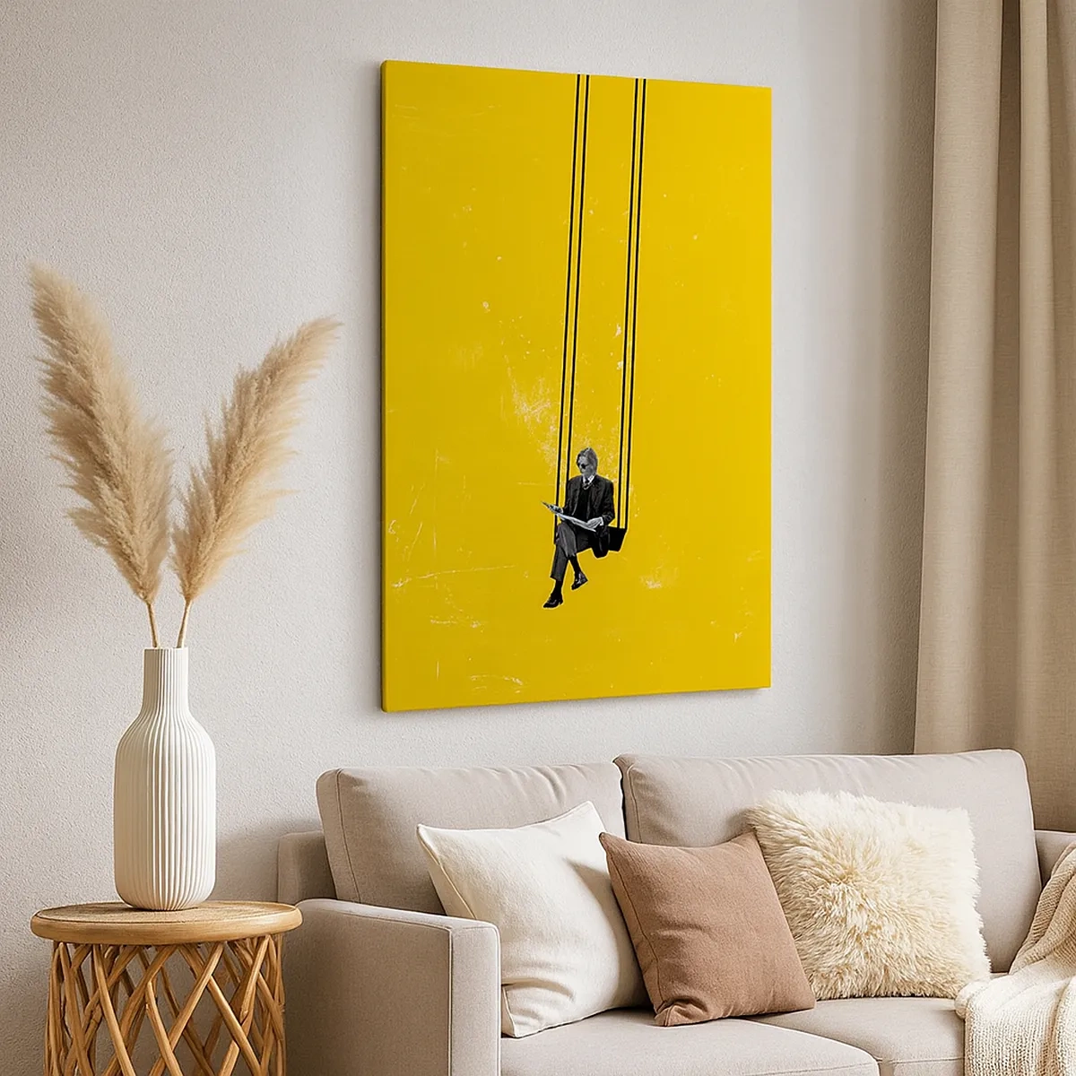 Obraz na płótnie - Minimalistyczna ilustracja mężczyzny na huśtawce z gazetą na żółtym tle - 50x70cm - Dzień jak co dzień - Nowoczesna dekoracja ścienna do salonu, kuchni i sypialni ARTTOR