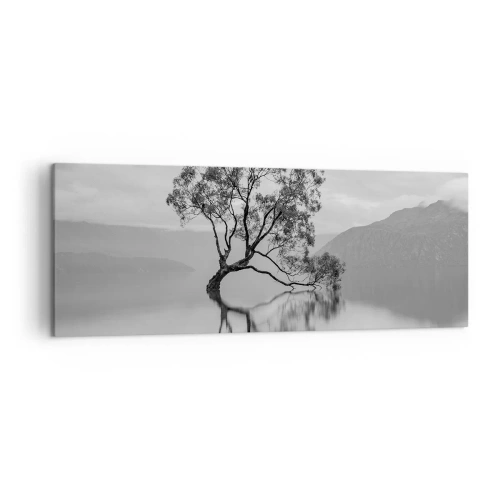 Obraz na płótnie - Samotne drzewo odbijające się w wodzie na tle gór - 140x50cm - Jest taki kraj - Nowoczesna dekoracja ścienna do salonu i sypialni ARTTOR