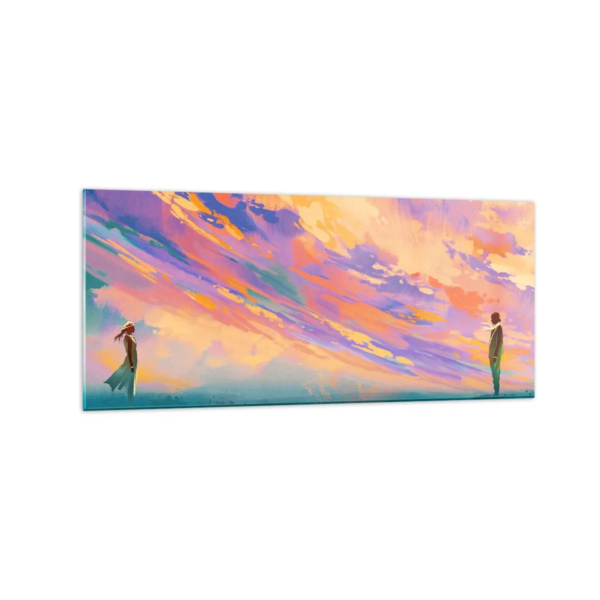 Obraz na szkle - Dynamiczna scena z postaciami na tle kolorowego nieba o zachodzie słońca - 120x50cm - Siła przyciągania - Nowoczesna dekoracja ścienna do salonu i sypialni ARTTOR