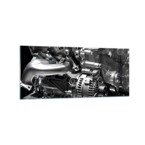Obraz na szkle - Metalowe części silnika w zbliżeniu na czarnym tle - 120x50cm - Stalowy, piękny, silny - Nowoczesna dekoracja ścienna do salonu i sypialni ARTTOR