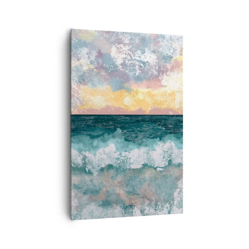 Obraz na płótnie - Malowniczy zachód słońca nad wzburzonym oceanem w pastelowych barwach - 80x120cm - Woda, światło, powietrze - Nowoczesna dekoracja ścienna do salonu i sypialni ARTTOR
