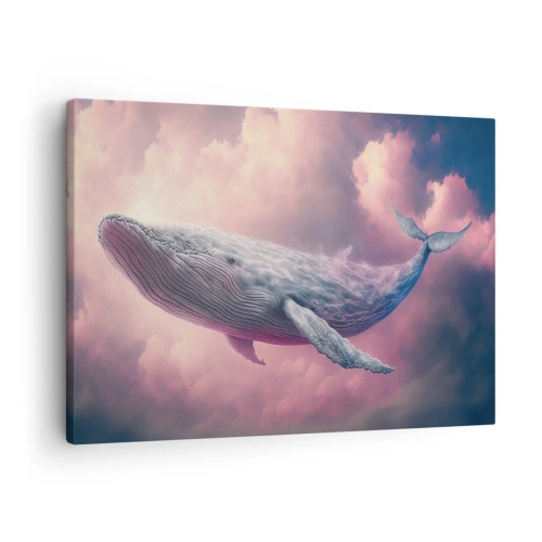 Obraz na płótnie - Przetrzyj oczy - Wieloryb unoszący się w chmurach o zachodzie słońca - 70x50cm