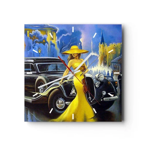 Zegar ścienny - Kobieta w żółtej sukni z skrzypcami przy retro samochodzie - 30x30cm - Nokturn na skrzypce i miłość - Nowoczesna dekoracja ścienna do salonu i sypialni ARTTOR