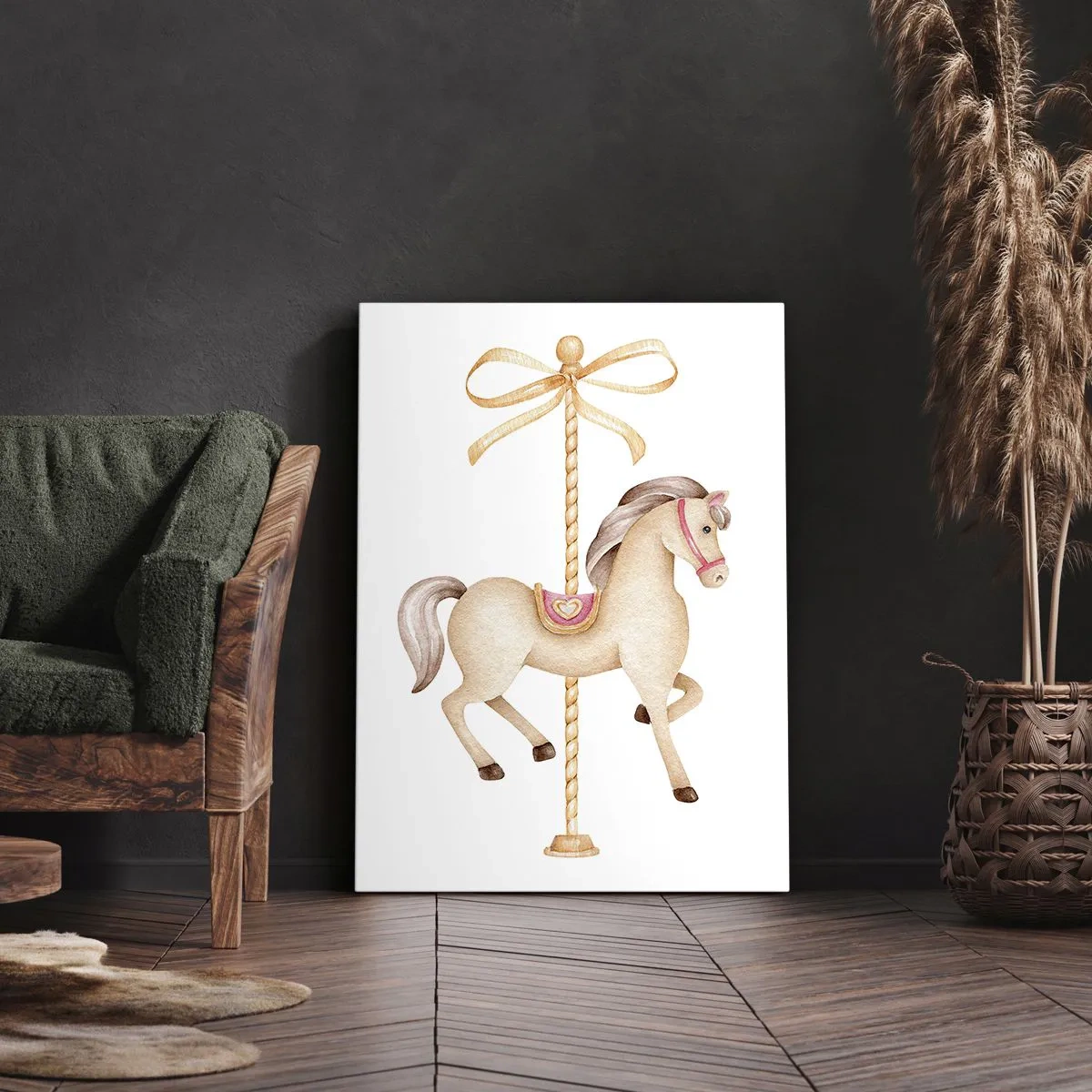 Obraz na płótnie - Karuzelowy konik w pastelowych kolorach z kokardą - 50x70cm - Wdzięcznym kłusem - Nowoczesna dekoracja ścienna do salonu, kuchni i sypialni ARTTOR