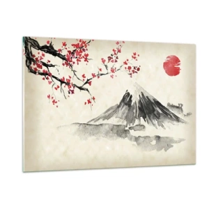 Obraz na szkle - Japońska akwarela z górą i kwitnącą gałęzią - 120x80cm - Pokochaj Japonię - Nowoczesna dekoracja ścienna do salonu, kuchni i sypialni ARTTOR