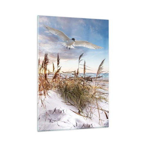 Obraz na szkle - Plaża z lotem mewy o zachodzie słońca - 80x120cm - Wiatr od morza - Nowoczesna dekoracja ścienna do salonu i sypialni ARTTOR