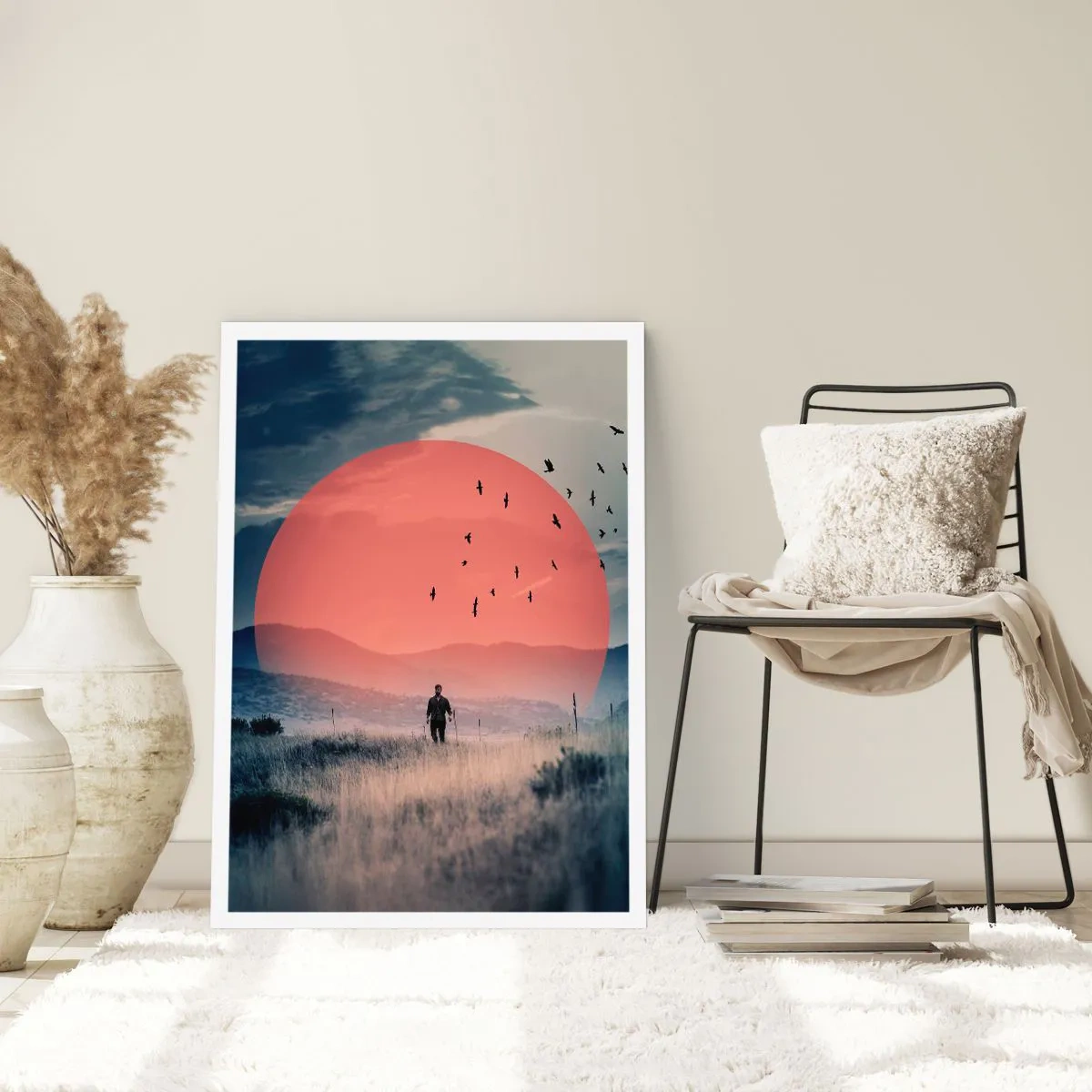 Plakat - Mężczyzna idący przez pole na tle czerwonego słońca - 50x70cm - W swoich żywiołach - Nowoczesna dekoracja ścienna do salonu, kuchni i sypialni ARTTOR