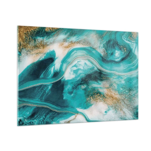 Obraz na szkle - Abstrakcyjna kompozycja w turkusie z akcentami złota - 100x70cm - Rzeka złota - Nowoczesna dekoracja ścienna do salonu, kuchni i sypialni ARTTOR