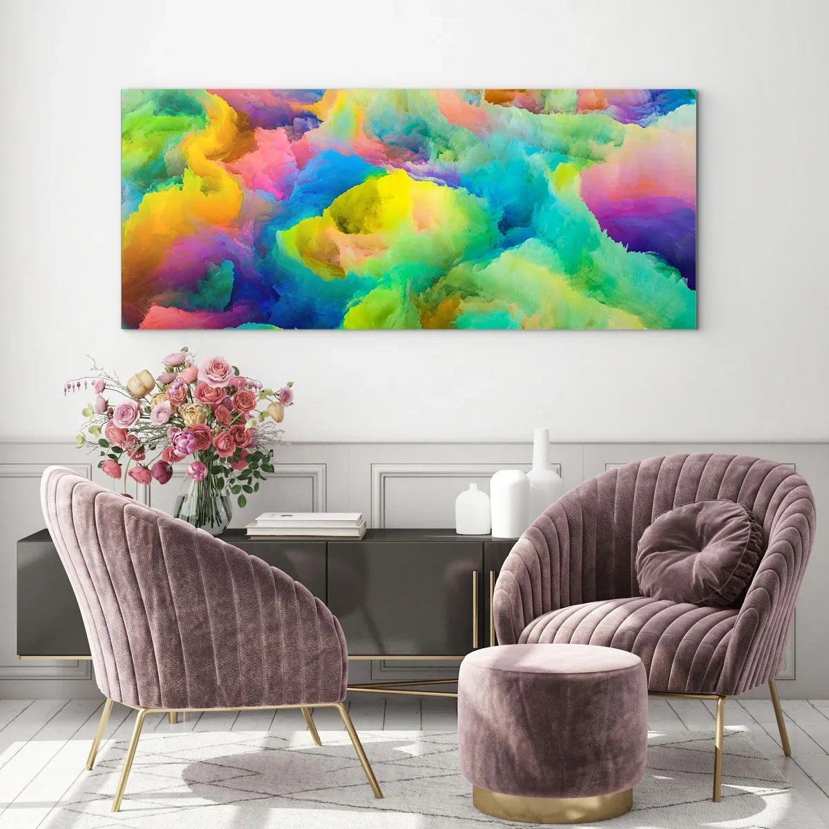 Obraz na szkle - Abstrakcyjna kompozycja w tęczowych barwach - 160x50cm - Tęczowy puch - Nowoczesna dekoracja ścienna do salonu i sypialni ARTTOR