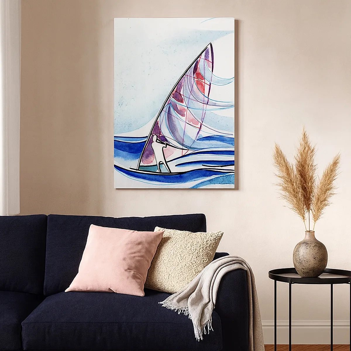 Obraz na płótnie - Akwarelowy windsurfer na tle fal w odcieniach błękitu - 50x70cm - Z wiatrem w rytmie fal - Nowoczesna dekoracja ścienna do salonu, kuchni i sypialni ARTTOR