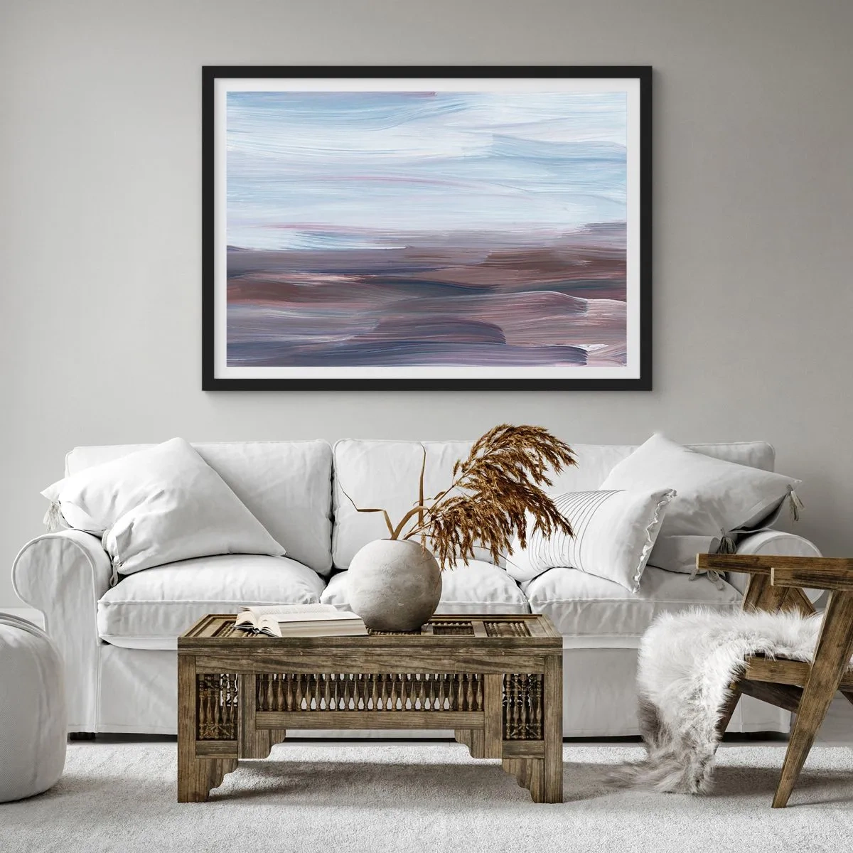 Plakat w czarnej ramie - Subtelna abstrakcja z delikatnymi pociągnięciami w pastelowych tonach - 100x70cm - Żywioły: woda - Nowoczesna dekoracja ścienna do salonu i sypialni ARTTOR