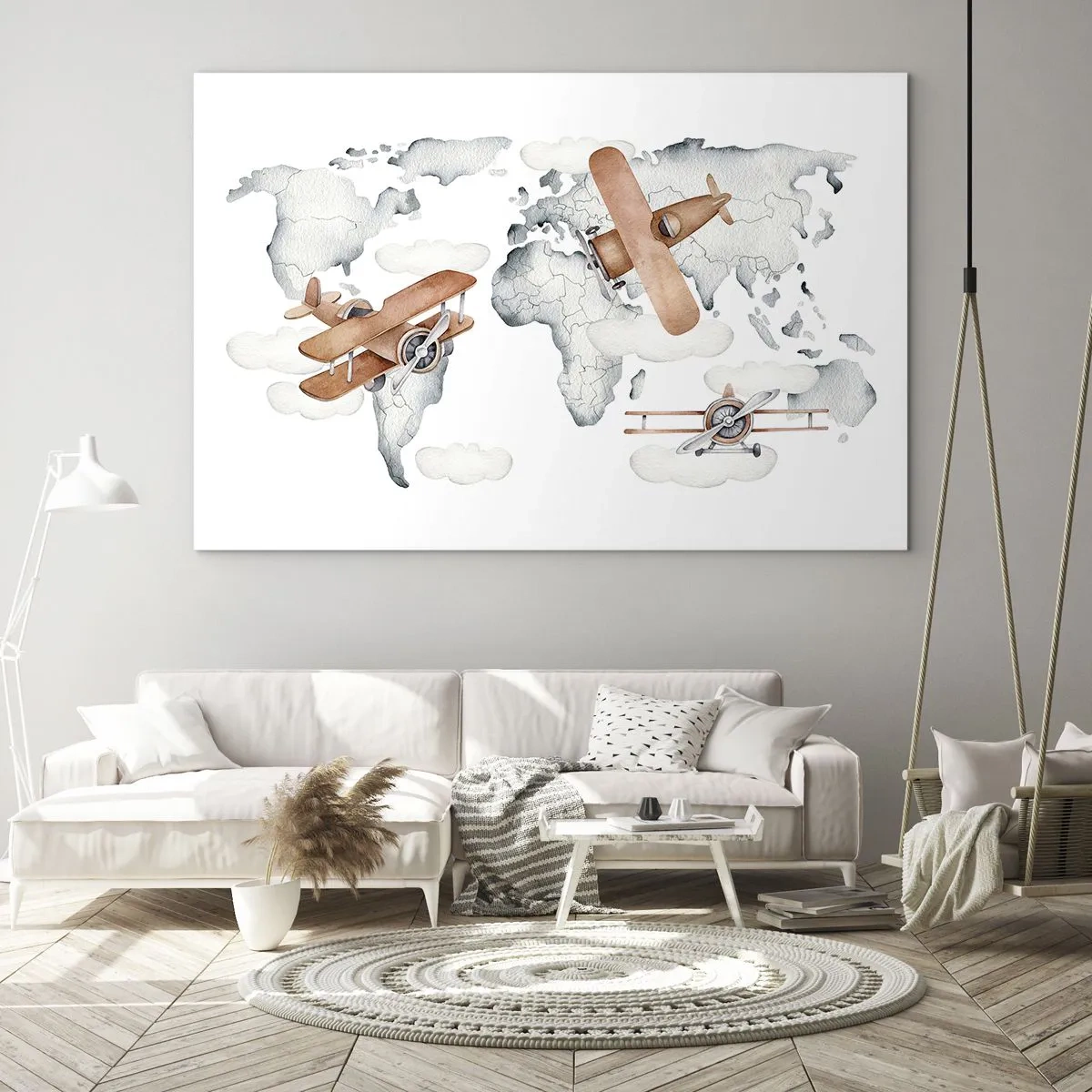 Obraz na szkle - Mapa świata z samolotami w stylu retro dla dzieci - 70x50cm - W pionierskim duchu - Nowoczesna dekoracja ścienna do salonu i sypialni ARTTOR