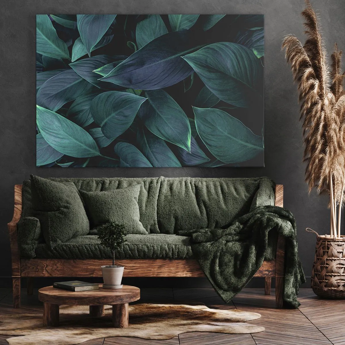 Obraz na płótnie - Zbliżenie na zielone liście z ciemnym tłem - 70x50cm - Zieleń sama w sobie - Nowoczesna dekoracja ścienna do salonu i sypialni ARTTOR