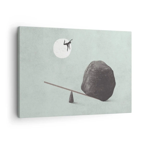 Obraz na płótnie - Symboliczna scena z postacią i balansem na tle jasnego nieba - 70x50cm - Spełnione marzenie - Nowoczesna dekoracja ścienna do salonu i sypialni ARTTOR