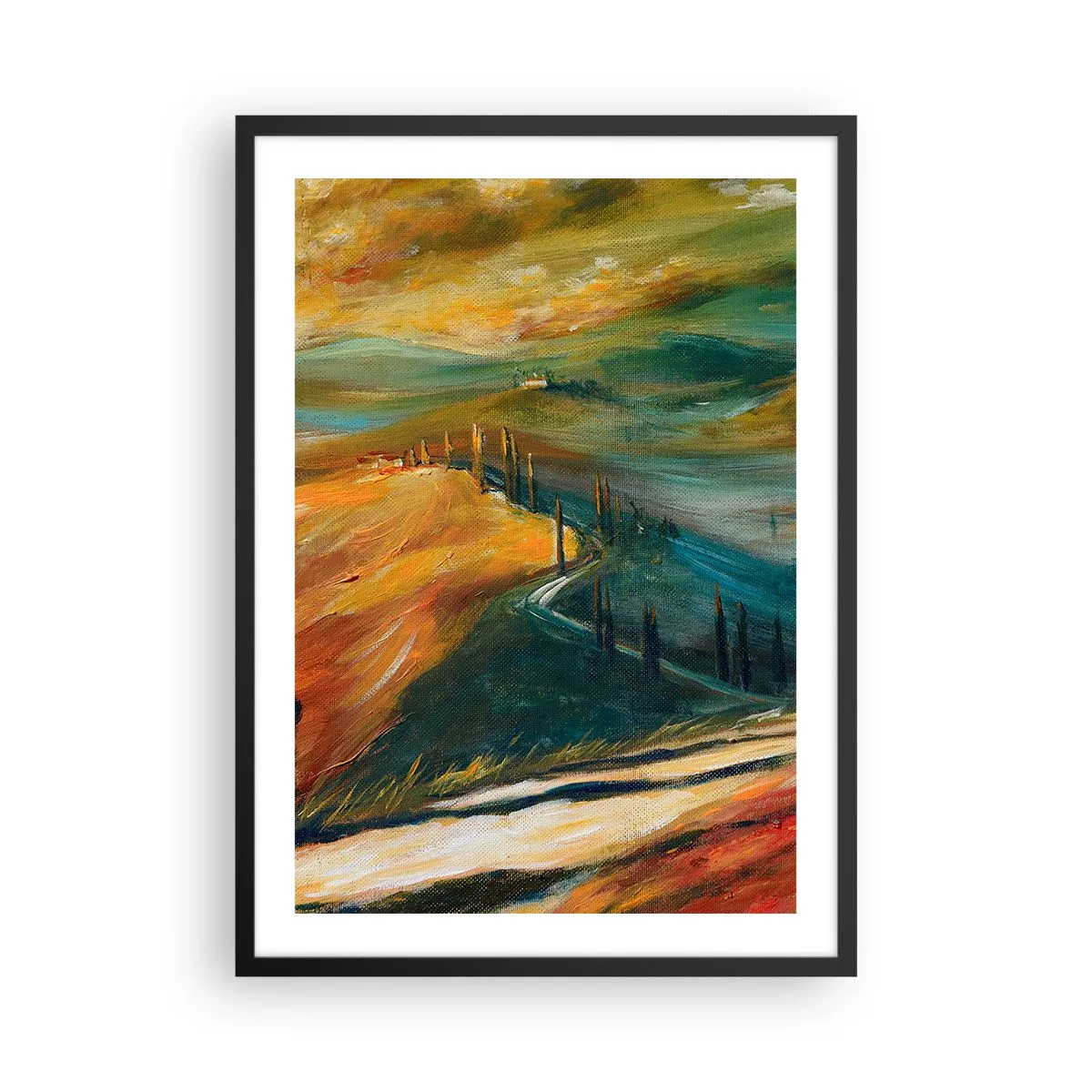 Plakat w czarnej ramie - Pejzaż w intensywnych kolorach, droga przez wzniesienia - 50x70cm - Toskański pejzaż - Nowoczesna dekoracja ścienna do salonu i sypialni ARTTOR