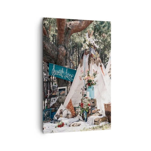 Obraz na płótnie - Dekoracja boho z tipi w lesie - 80x120cm - Make love… - Nowoczesna dekoracja ścienna do salonu i sypialni ARTTOR