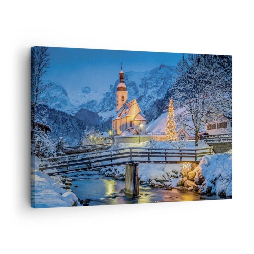 Obraz na płótnie - Zimowy krajobraz z kościołem, mostem i górami o zmierzchu - 70x50cm - Duch Świąt - Nowoczesna dekoracja ścienna do salonu i sypialni ARTTOR