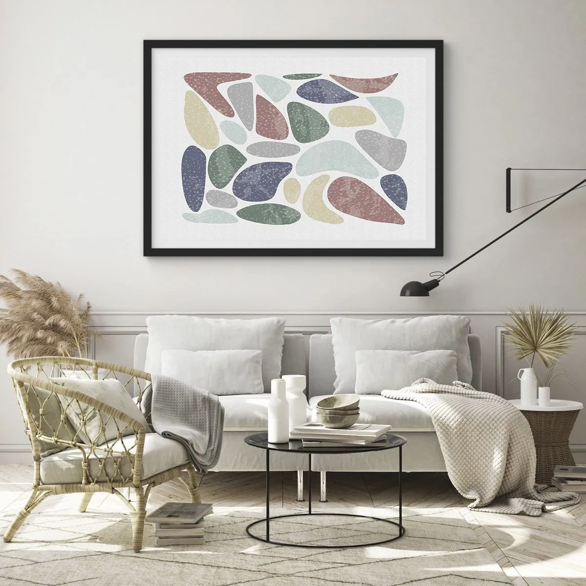 Plakat w czarnej ramie - Kolorowe organiczne kształty na białym tle - 70x50cm - Mozaika pudrowanych barw - Nowoczesna dekoracja ścienna do salonu i sypialni ARTTOR