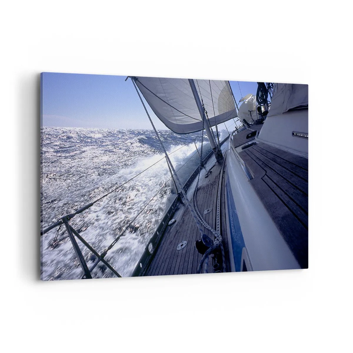 Obraz na płótnie - Żaglówka na wzburzonym morzu z białymi żaglami i drewnianym pokładem. - 100x70cm - Wiem, co to być ptakiem - Nowoczesna dekoracja ścienna do salonu, kuchni i sypialni ARTTOR