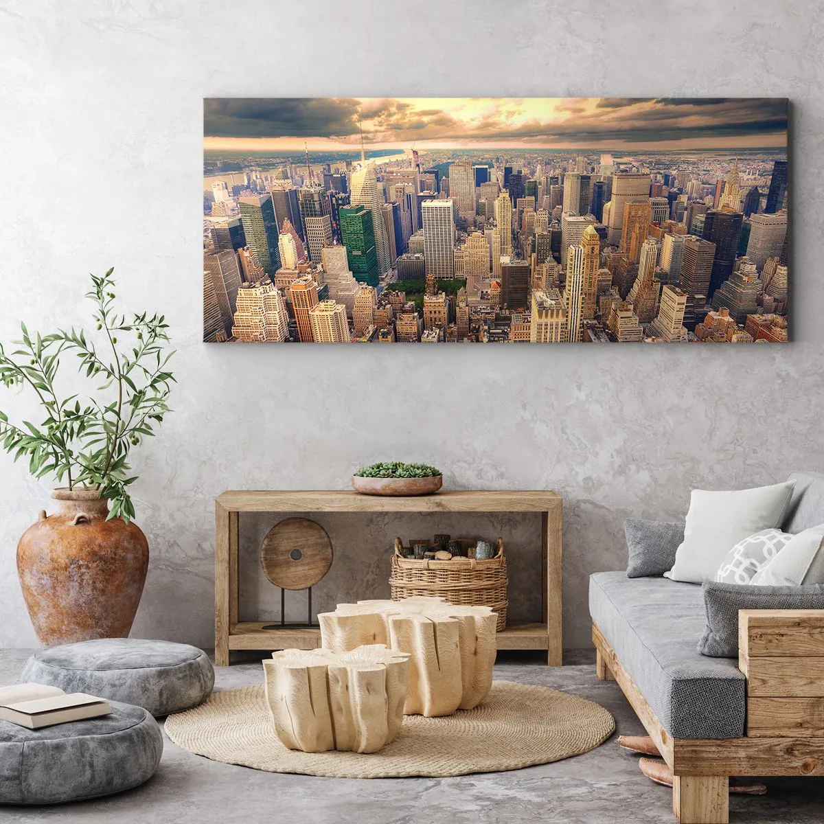 Obraz na płótnie - Panorama miasta z widokiem na drapacze chmur o zachodzie słońca - 120x50cm - Wyzłocone metropolis - Nowoczesna dekoracja ścienna do salonu i sypialni ARTTOR