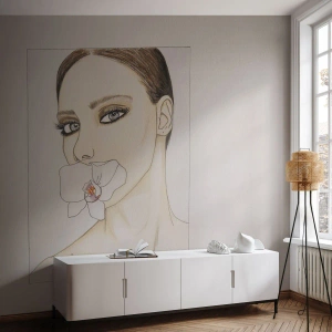 Fototapeta Standard Eco - Kobieta z orchideą w ustach na minimalistycznym szkicu - 100x70cm - Symbol elegancji i piękna - Nowoczesna dekoracja ścienna do salonu i sypialni ARTTOR