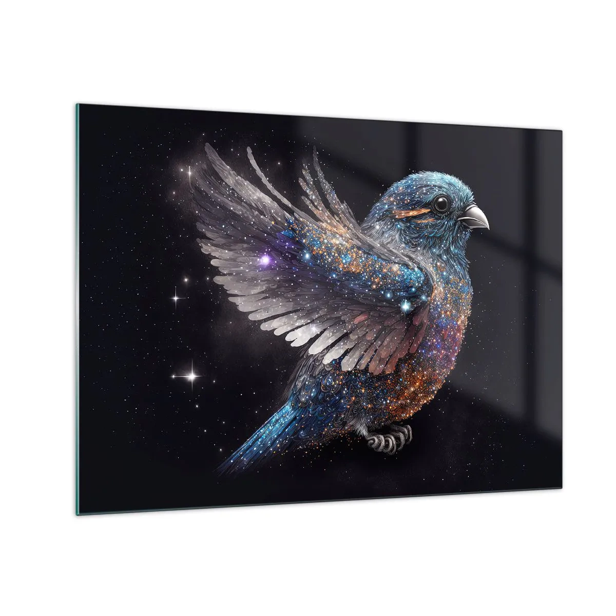 Obraz na szkle - Kosmiczny wróbel z diamentowym blaskiem - 70x50cm - Diamentowy wróbel - Nowoczesna dekoracja ścienna do salonu i sypialni ARTTOR