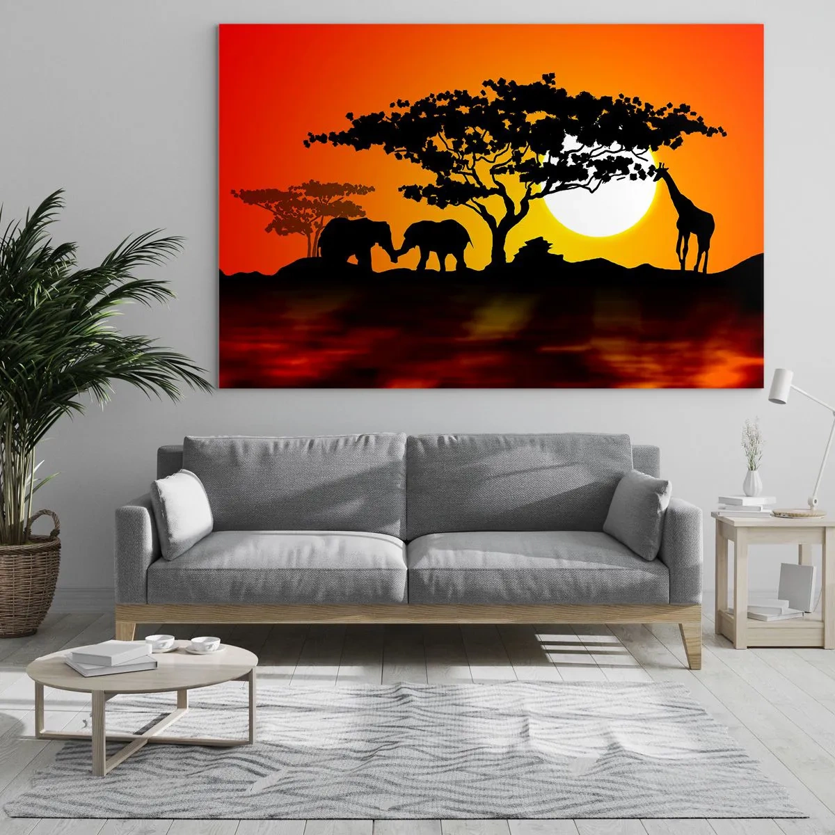 Obraz na szkle - Afrykański krajobraz z drzewami i zwierzętami o zachodzie słońca - 100x70cm - Spotkanie na sawannie - Nowoczesna dekoracja ścienna do salonu, kuchni i sypialni ARTTOR
