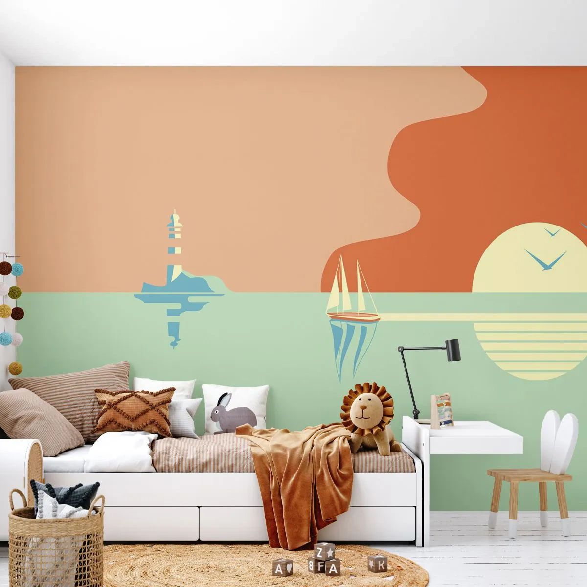 Fototapeta Premium Sand - Minimalistyczny morski pejzaż z latarnią, łodzią i zachodem słońca - 100x70cm - Morski pejzaż idealny - Nowoczesna dekoracja ścienna do salonu, kuchni i sypialni ARTTOR