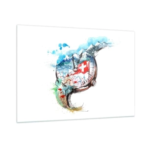 Obraz na szkle - Akwarela szwajcarskiego krajobrazu z flagą i zegarkiem - 100x70cm - Duch Szwajcarii - Nowoczesna dekoracja ścienna do salonu, kuchni i sypialni ARTTOR