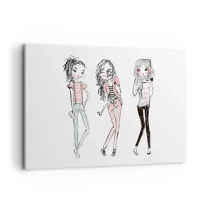 Obraz na płótnie - Ilustracja modnych dziewczyn w pastelowych kolorach - 100x70cm - Będzie, będzie zabawa - Nowoczesna dekoracja ścienna do salonu, kuchni i sypialni ARTTOR