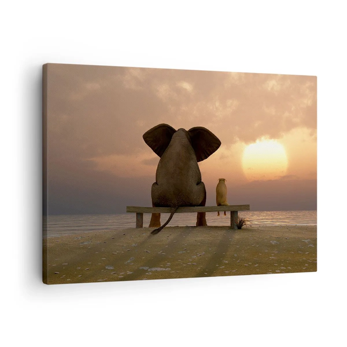Obraz na płótnie - Słoń i pies siedzą na ławce na plaży podczas zachodu słońca - 70x50cm - Dobrze jest razem pomilczeć - Nowoczesna dekoracja ścienna do salonu i sypialni ARTTOR