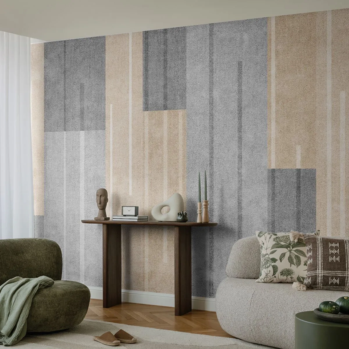 Fototapeta Premium Sand - Geometryczne pasy w szarościach i beżach - 100x70cm - Kompozycja: trzymać pion - Nowoczesna dekoracja ścienna do salonu, kuchni i sypialni ARTTOR