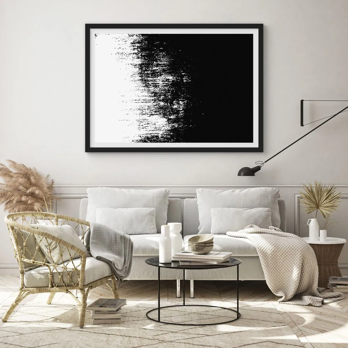 Plakat w czarnej ramie - Minimalistyczna abstrakcja w czerni i bieli - 70x50cm - I zwycięzcą jest… - Nowoczesna dekoracja ścienna do salonu i sypialni ARTTOR