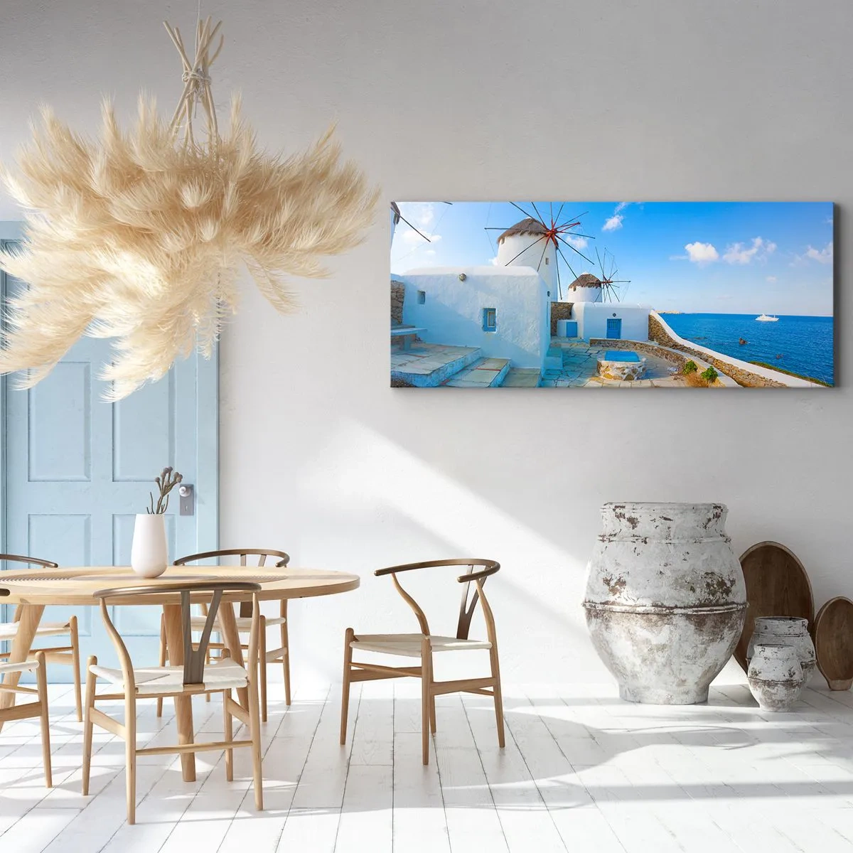 Obraz na płótnie - Białe wiatraki nad brzegiem błękitnego morza - 120x50cm - Błękitny wiatr od morza - Nowoczesna dekoracja ścienna do salonu i sypialni ARTTOR