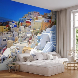 Fototapeta Premium Sand - Białe domy Santorini na tle błękitnego nieba - 100x70cm - Marzenie o greckim lecie - Nowoczesna dekoracja ścienna do salonu, kuchni i sypialni ARTTOR