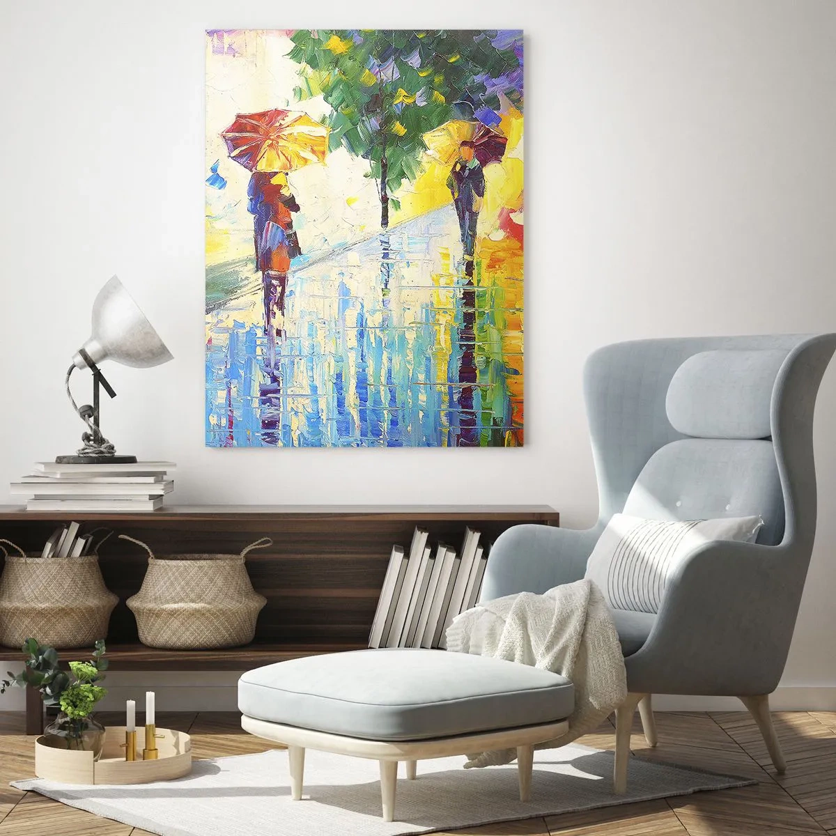 Obraz na szkle - Kolorowy spacer w deszczu z parasolką w impresjonistycznym stylu - 50x70cm - I wszystko jasne - Nowoczesna dekoracja ścienna do salonu, kuchni i sypialni ARTTOR