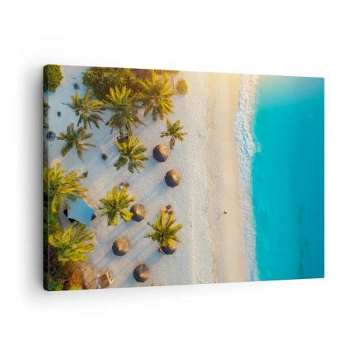Obraz na płótnie - Widok na tropikalną plażę z palmami i turkusowym morzem - 70x50cm - Witaj w raju - Nowoczesna dekoracja ścienna do salonu i sypialni ARTTOR