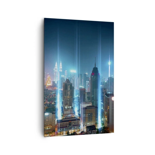 Obraz na płótnie - Nowoczesne miasto nocą z futurystycznymi świetlnymi akcentami - 80x120cm - Po berlińsku do nieba - Nowoczesna dekoracja ścienna do salonu i sypialni ARTTOR